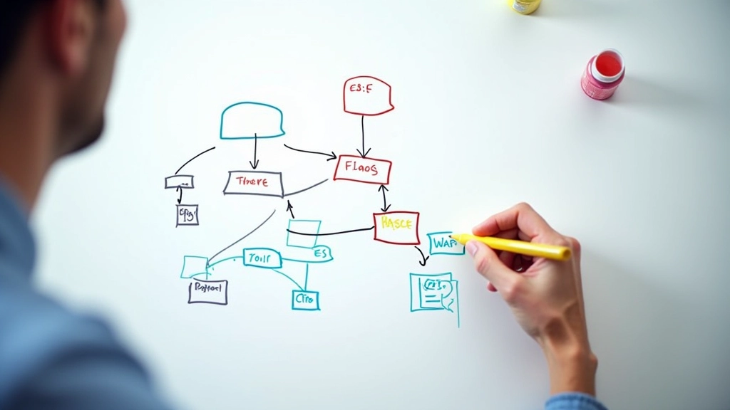 Whiteboard with site structure diagram showing hierarchical organization of pages and internal linking strategy